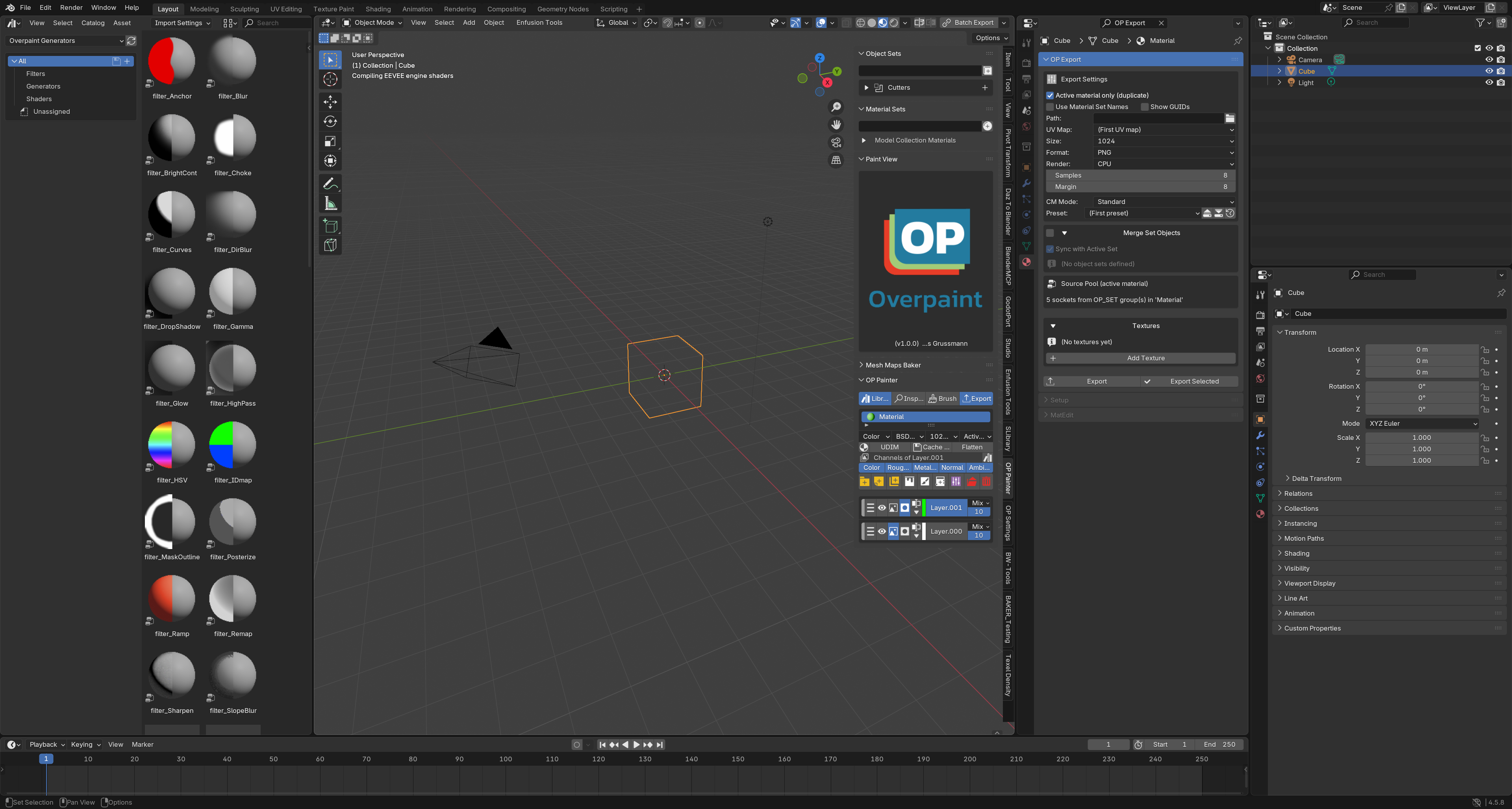 OP Export panel with export settings, texture list and export buttons